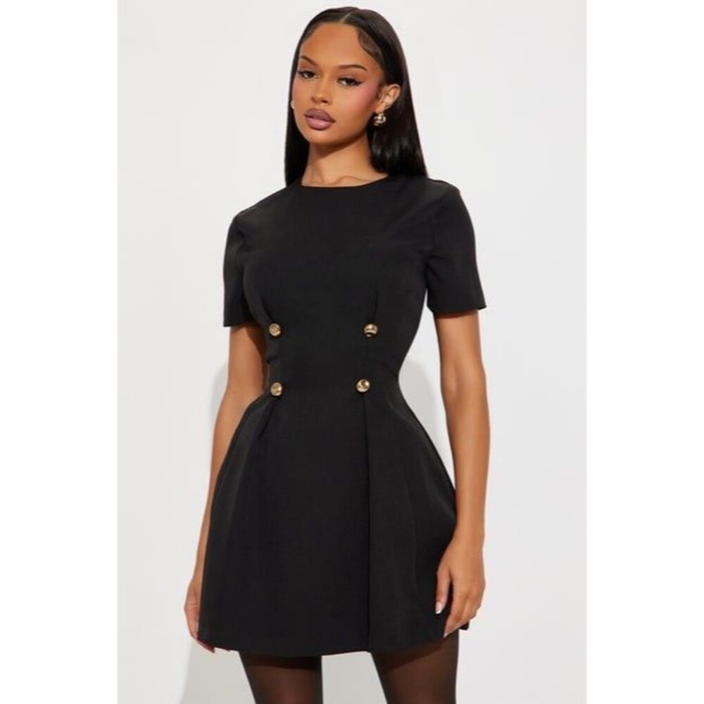 Fashion Nova Womens Black Mini Dress Gold Button Accent Short Sleeve Size S